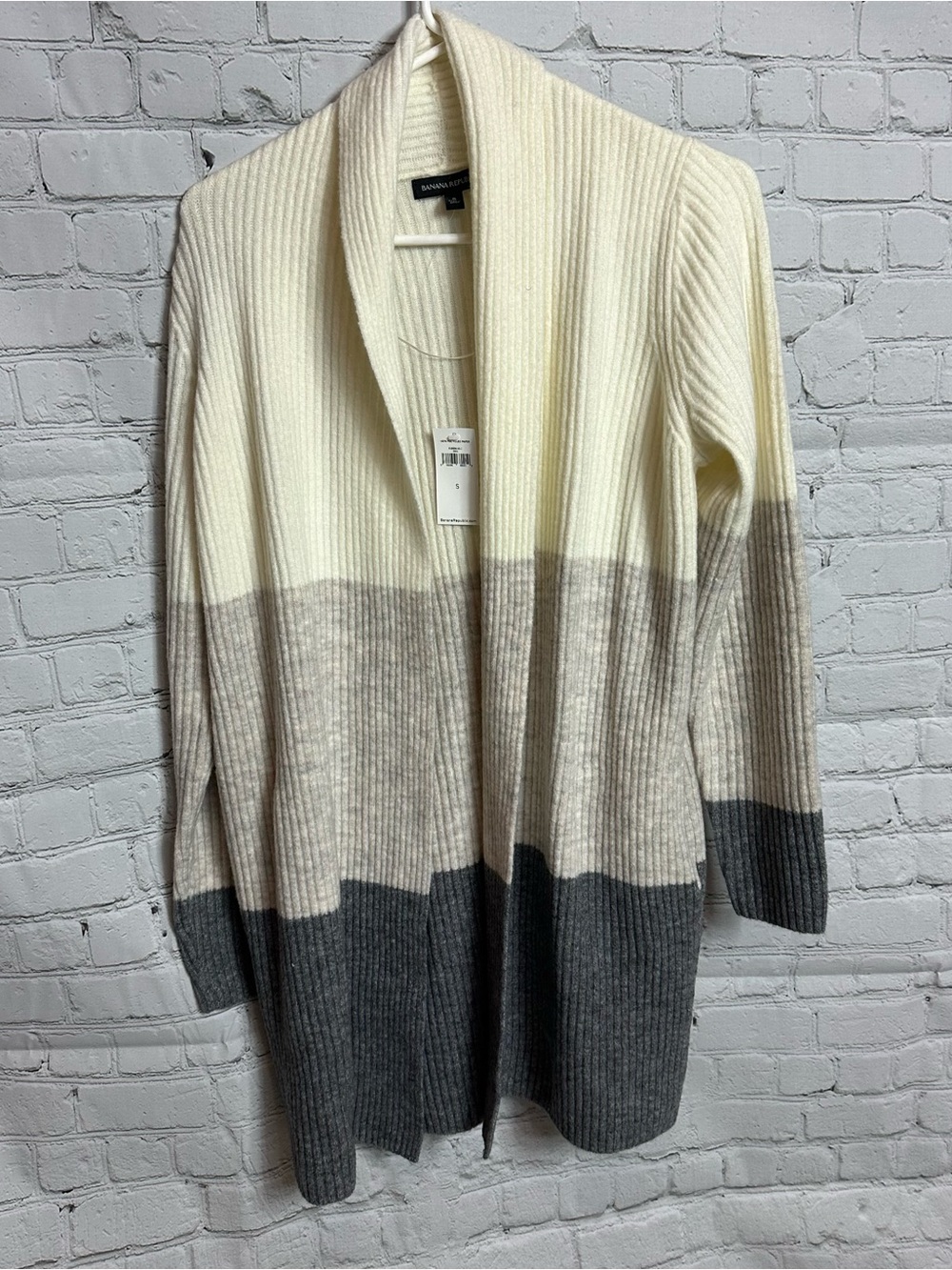 Banana Republic Cream, Light Gray and Charcoal Ribbed Open Cardigan